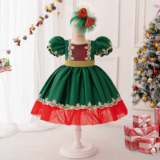 Dark Green Puffy Princess Ball Gown Dress for Girls | Festive Flower Girl & Holiday Party Wear