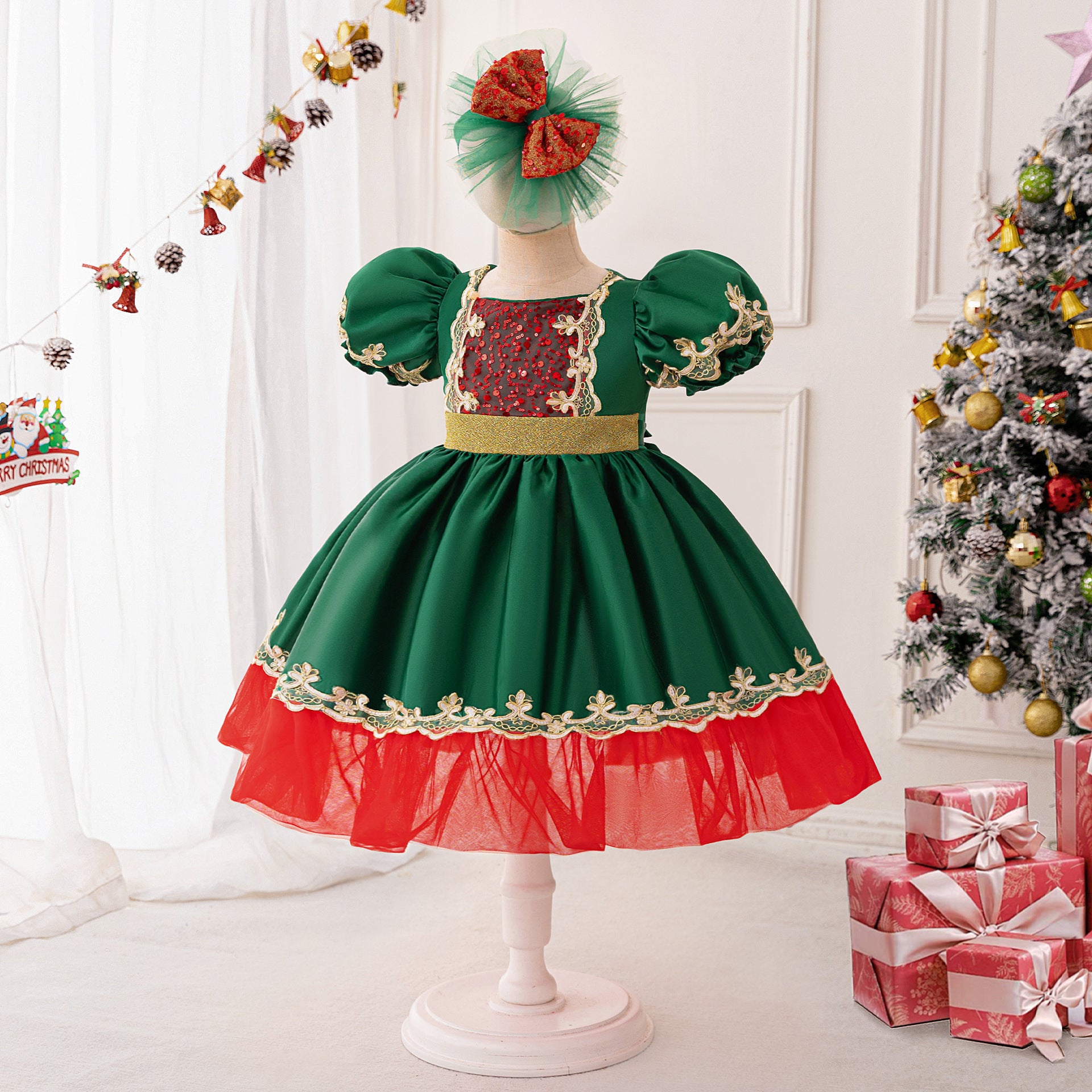 Dark Green Puffy Princess Ball Gown Dress for Girls | Festive Flower Girl & Holiday Party Wear