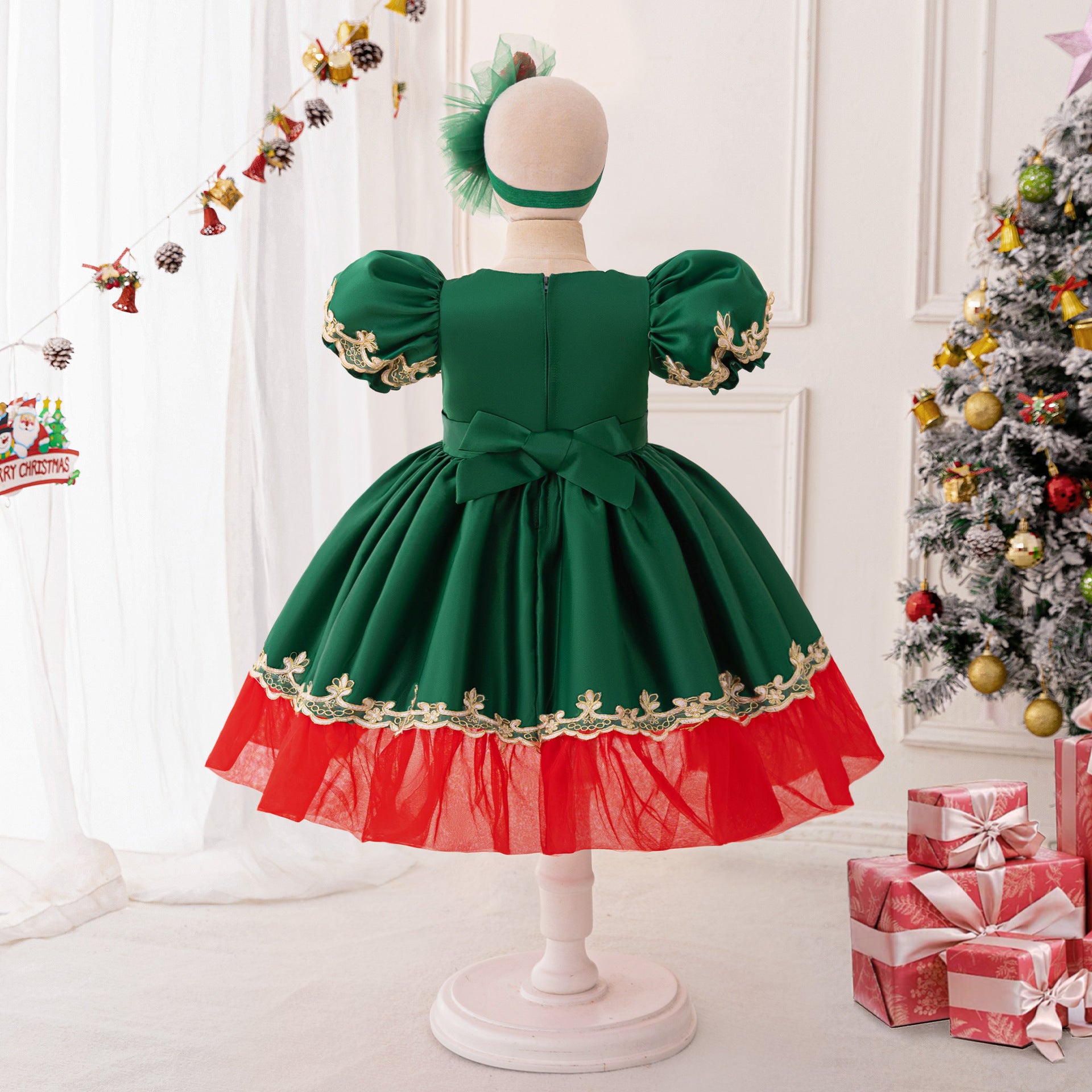 Dark Green Puffy Princess Ball Gown Dress for Girls | Festive Flower Girl & Holiday Party Wear