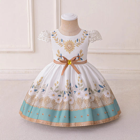 Princess Floral Ball Gown Dress for Girls – Puffy Tea-Length Party Dress
