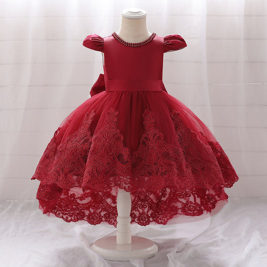 Princess Ball Gown High-Low Satin & Lace Dress with Bow for Girls | Ages 9M-6Y