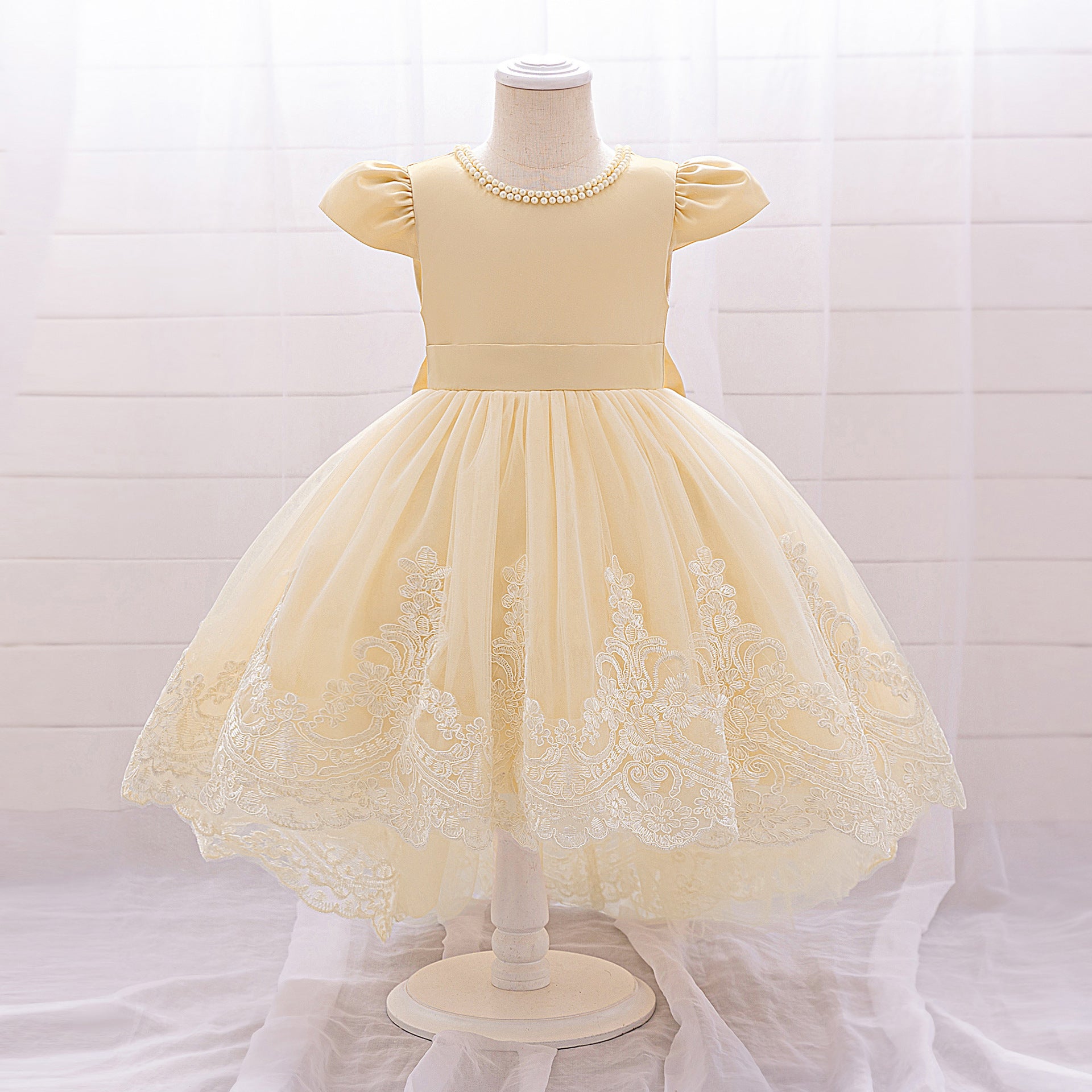 Princess Ball Gown High-Low Satin & Lace Dress with Bow for Girls | Ages 9M-6Y