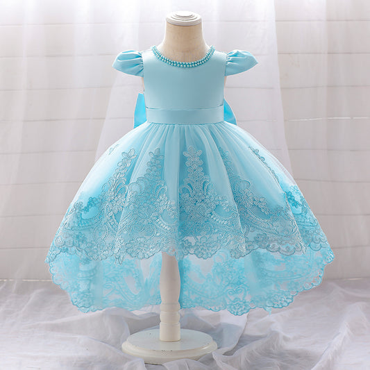 Princess Ball Gown High-Low Satin & Lace Dress with Bow for Girls | Ages 9M-6Y