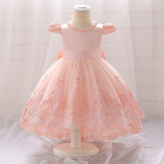 Princess Ball Gown High-Low Satin & Lace Dress with Bow for Girls | Ages 9M-6Y