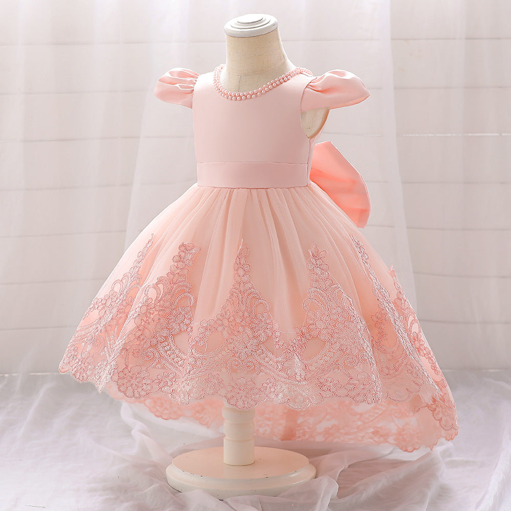Princess Ball Gown High-Low Satin & Lace Dress with Bow for Girls | Ages 9M-6Y