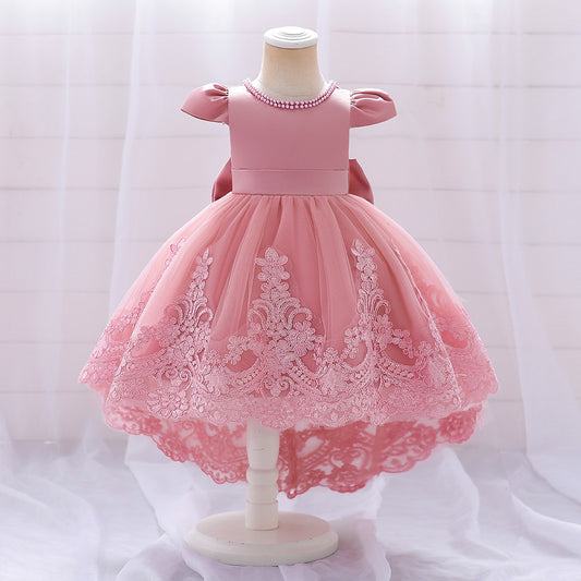 Princess Ball Gown High-Low Satin & Lace Dress with Bow for Girls | Ages 9M-6Y