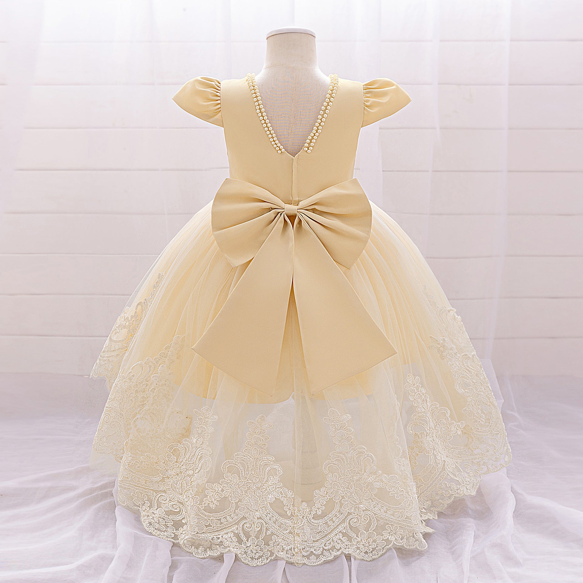 Princess Ball Gown High-Low Satin & Lace Dress with Bow for Girls | Ages 9M-6Y