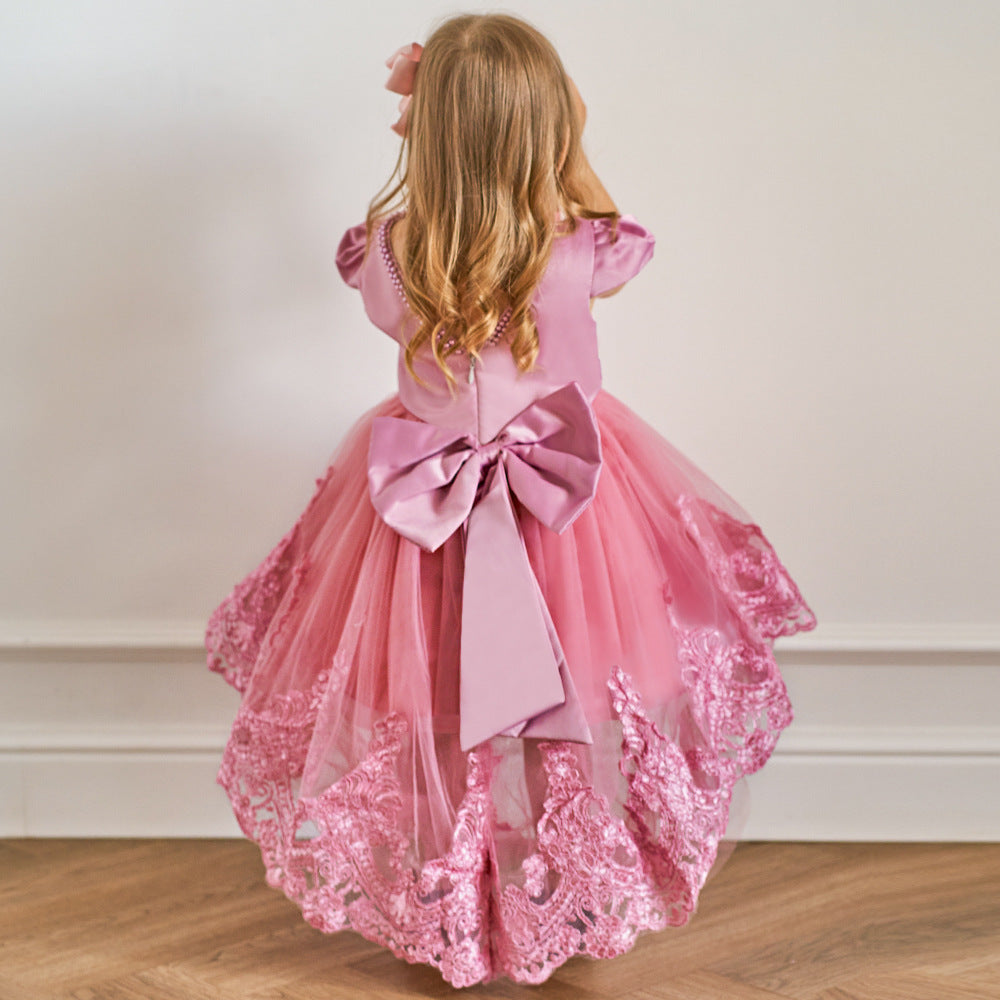 Princess Ball Gown High-Low Satin & Lace Dress with Bow for Girls | Ages 9M-6Y