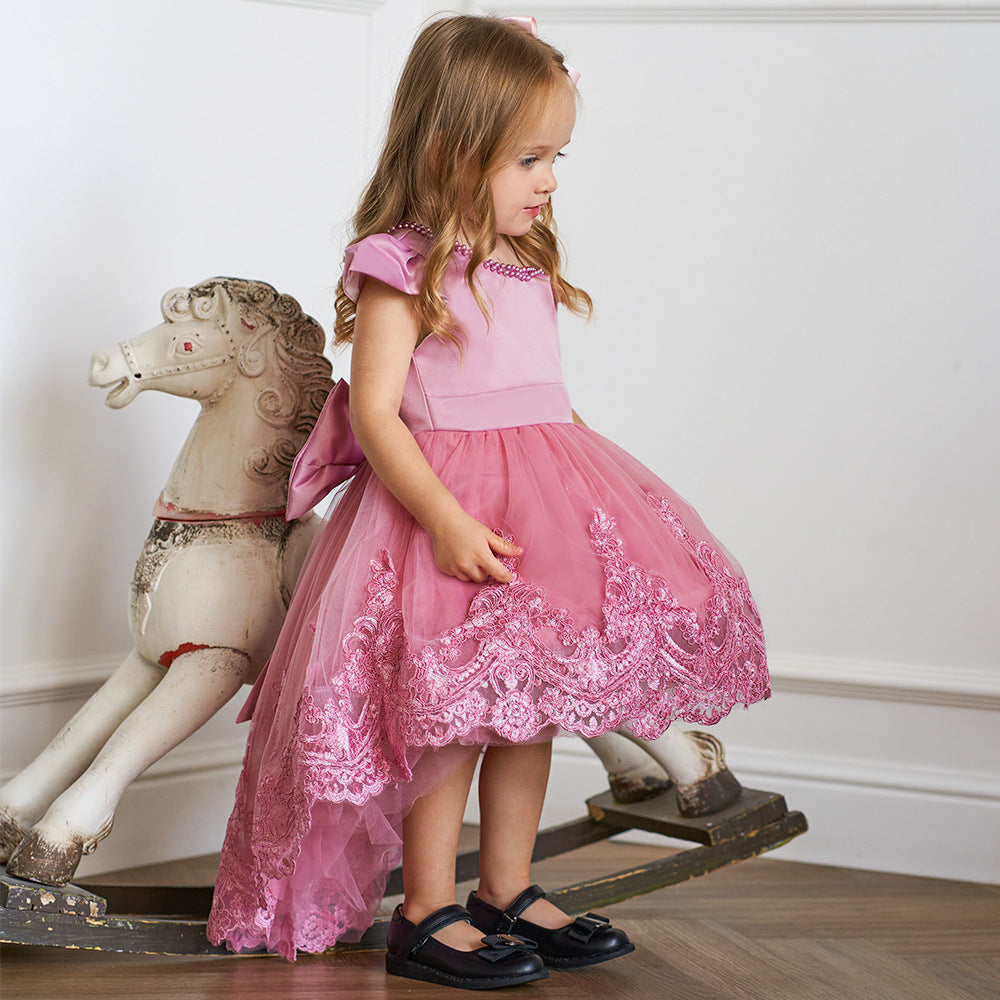 Princess Ball Gown High-Low Satin & Lace Dress with Bow for Girls | Ages 9M-6Y