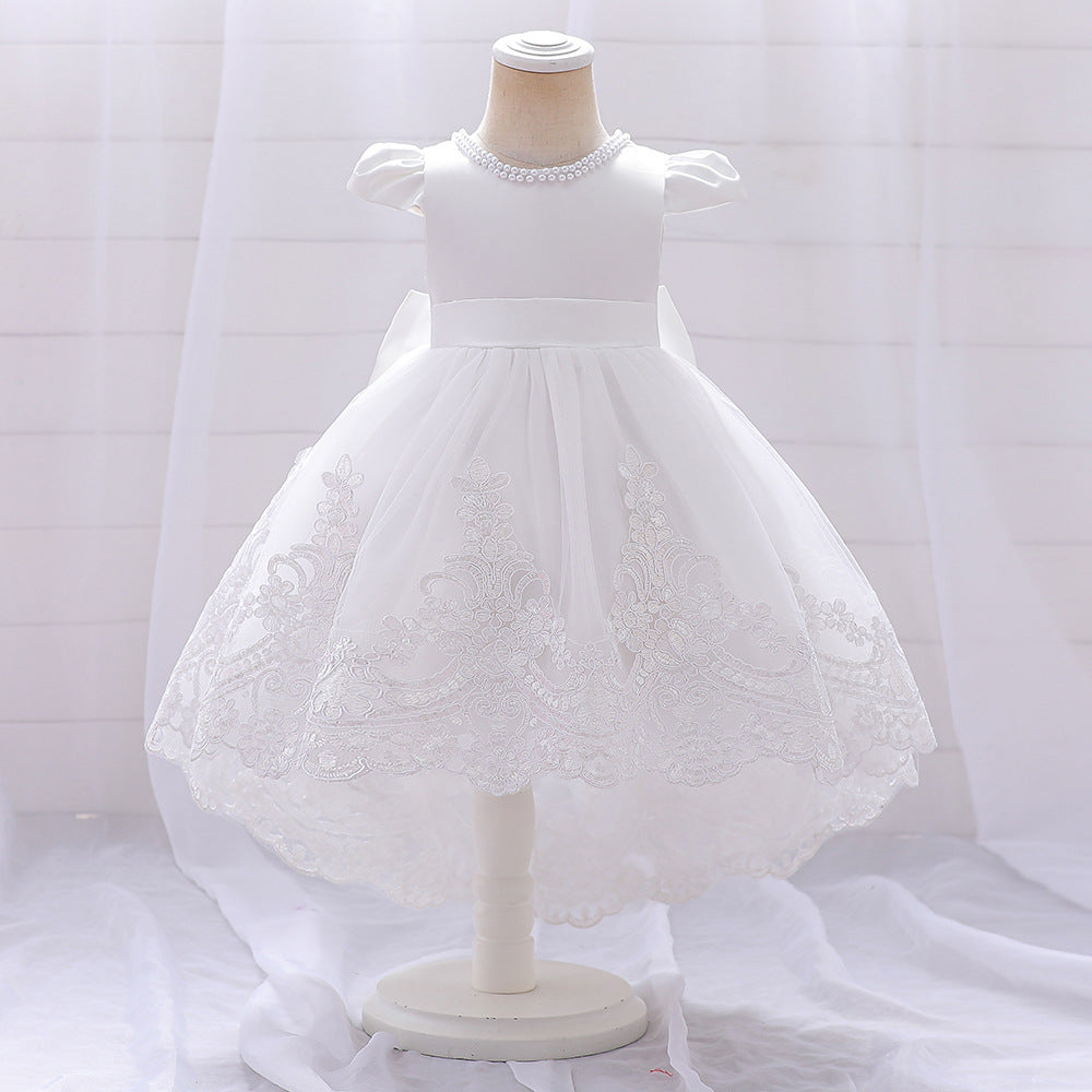 Frocklet Princess Ball Gown High-Low Satin & Lace Dress with Bow for Girls | Ages 9M-6Y 7