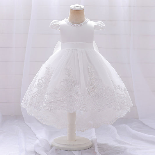 Frocklet Princess Ball Gown High-Low Satin & Lace Dress with Bow for Girls | Ages 9M-6Y 7