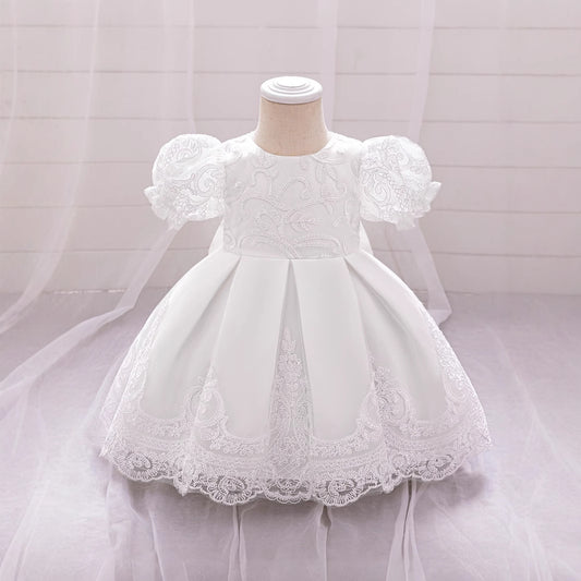 Princess Puffy Sleeve Lace Bow Dress for Girls – Ball Gown Wedding & Party Outfit