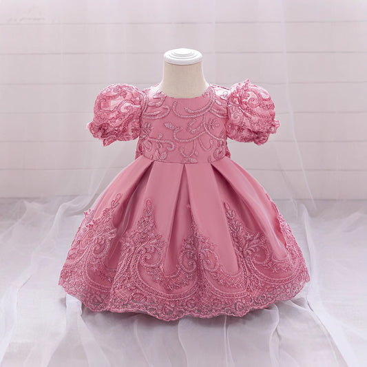 Princess Puffy Sleeve Lace Bow Dress for Girls – Ball Gown Wedding & Party Outfit