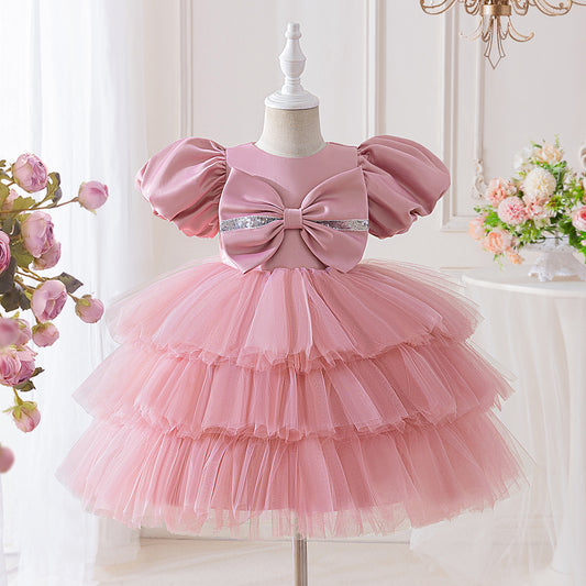 Pink Puffy Sleeve Princess Ball Gown Dress for Girls (3-10 Years) – Ideal for Parties, Weddings & Photoshoots