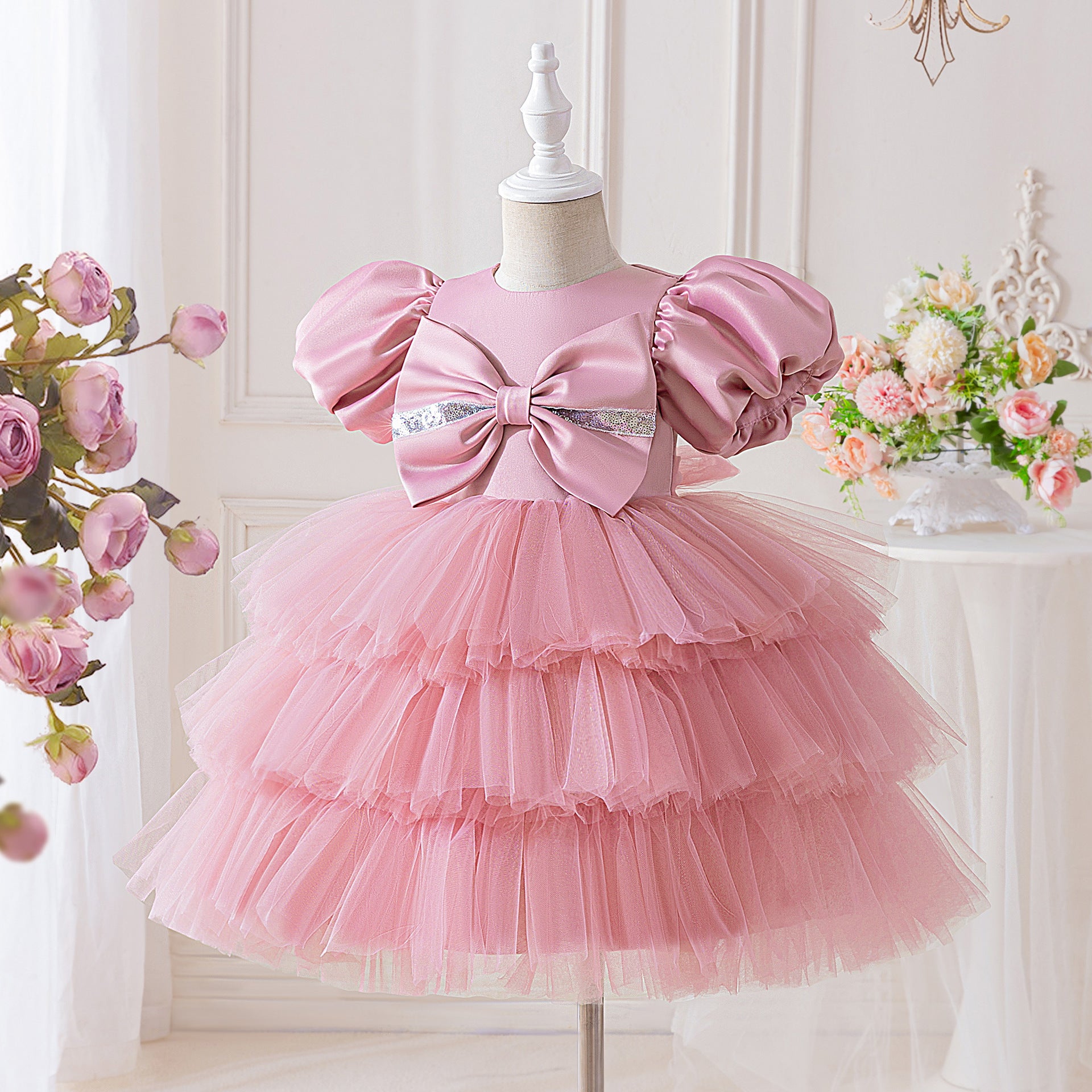 Pink Puffy Sleeve Princess Ball Gown Dress for Girls (3-10 Years) – Ideal for Parties, Weddings & Photoshoots