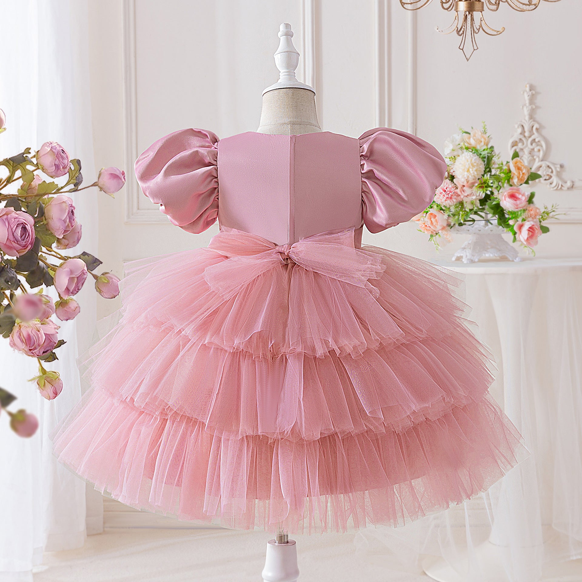 Pink Puffy Sleeve Princess Ball Gown Dress for Girls (3-10 Years) – Ideal for Parties, Weddings & Photoshoots