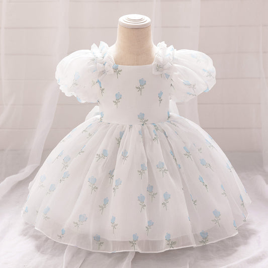 Princess Fairy Toddler Tulle Dress with Bow & Floral Print – A-Line Party & Flower Girl Gown