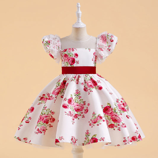 Princess Floral Print Puffy Sleeve Ball Gown for Girls – Tea Length Satin Dress
