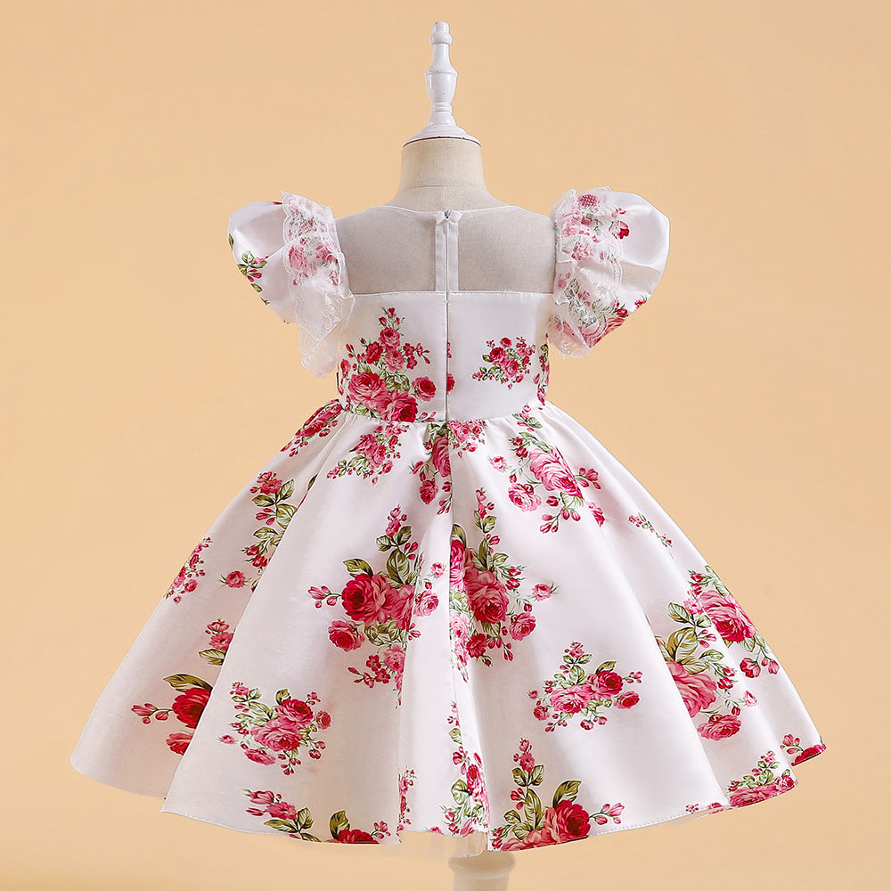 Princess Floral Print Puffy Sleeve Ball Gown for Girls – Tea Length Satin Dress
