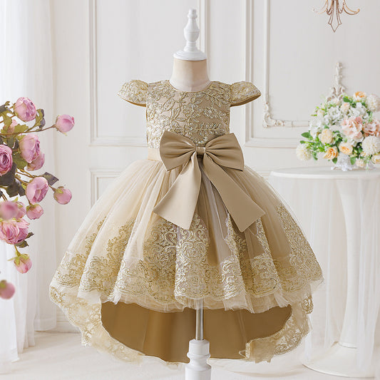 Champagne Princess High-Low Ball Gown Dress for Girls | Puffy Tulle & Lace Party Dress