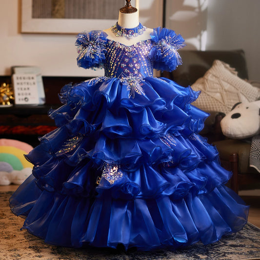 Girls Blue Princess Maxi Dress with Sequins & Beads | Layered Organza Gown for Parties & Weddings