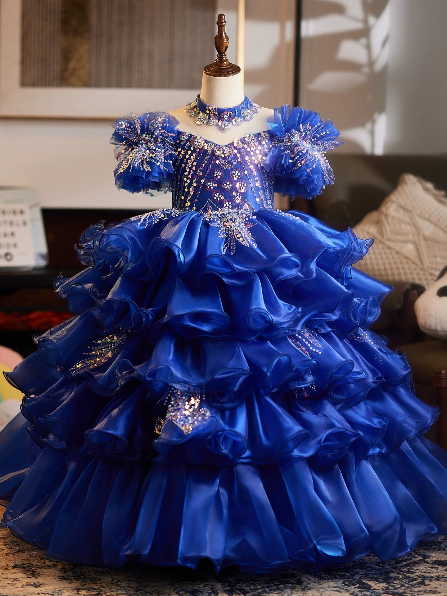 Girls Blue Princess Maxi Dress with Sequins & Beads | Layered Organza Gown for Parties & Weddings