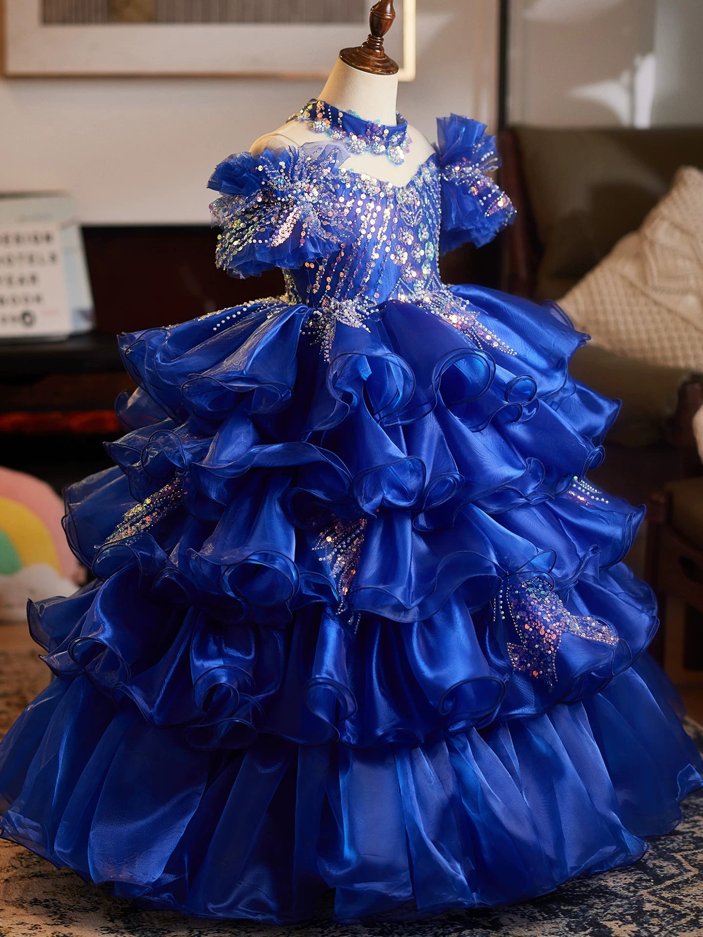 Girls Blue Princess Maxi Dress with Sequins & Beads | Layered Organza Gown for Parties & Weddings