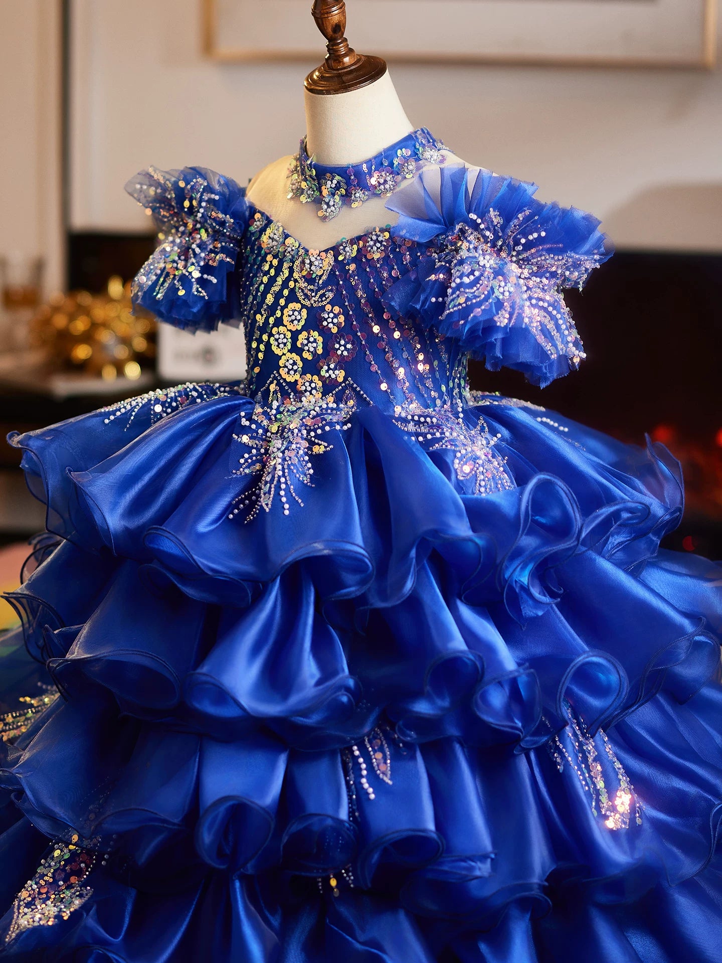 Girls Blue Princess Maxi Dress with Sequins & Beads | Layered Organza Gown for Parties & Weddings