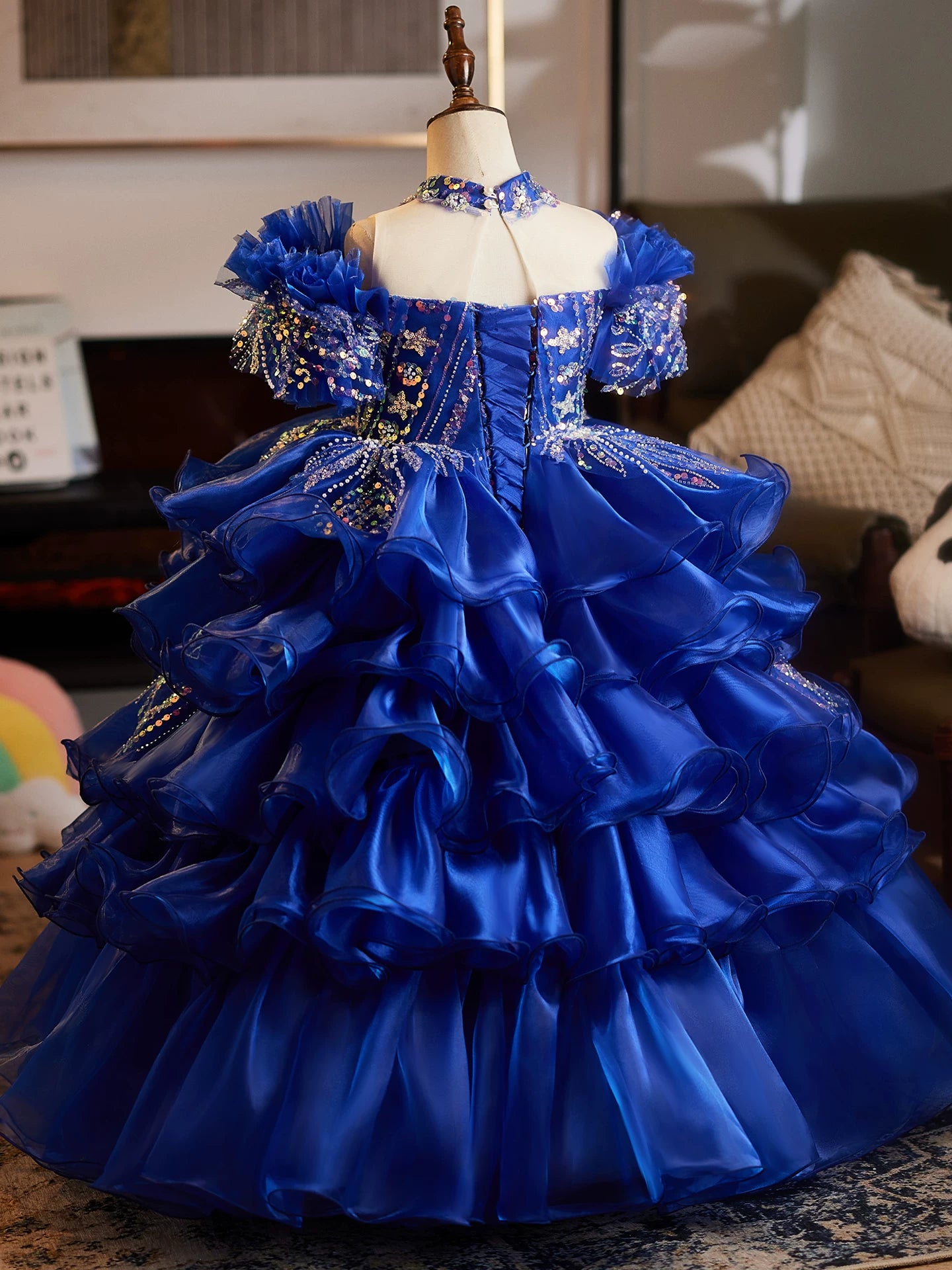 Girls Blue Princess Maxi Dress with Sequins & Beads | Layered Organza Gown for Parties & Weddings