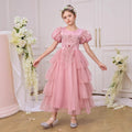 Princess Style Pink Embroidered A-Line Tea Length Dress for Girls