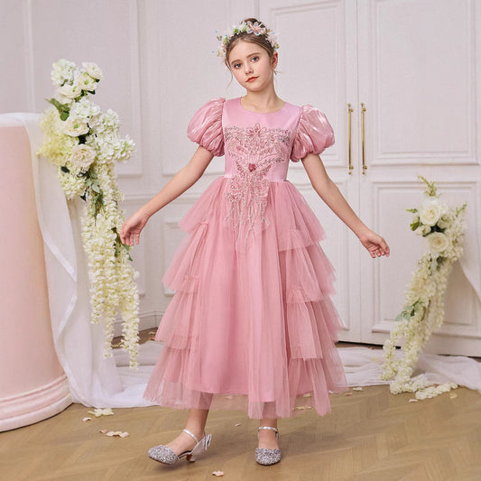 Princess Pink Embroidered A-Line Tea Length Dress for Girls (Ages 5-13)