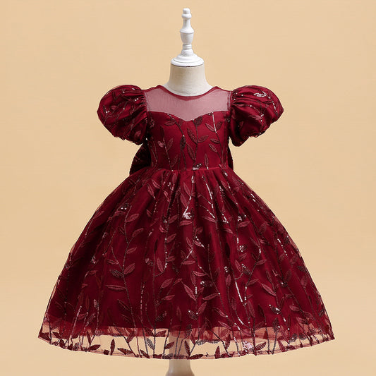Princess Puffy Sleeve Bow Ball Gown Dress – Tea Length Flower Girl Party Gown