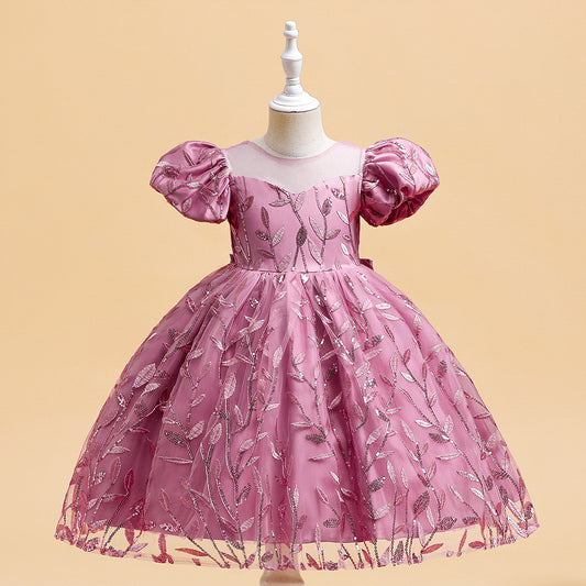 Princess Puffy Sleeve Bow Ball Gown Dress – Tea Length Flower Girl Party Gown