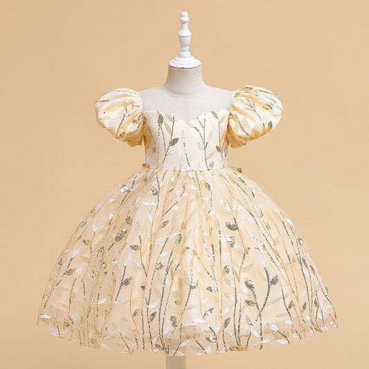Princess Puffy Sleeve Bow Ball Gown Dress – Tea Length Flower Girl Party Gown