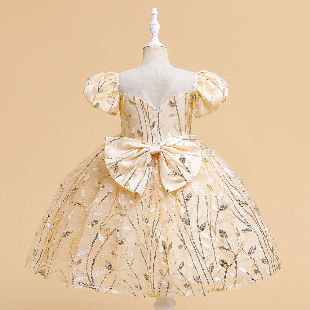Princess Puffy Sleeve Bow Ball Gown Dress – Tea Length Flower Girl Party Gown