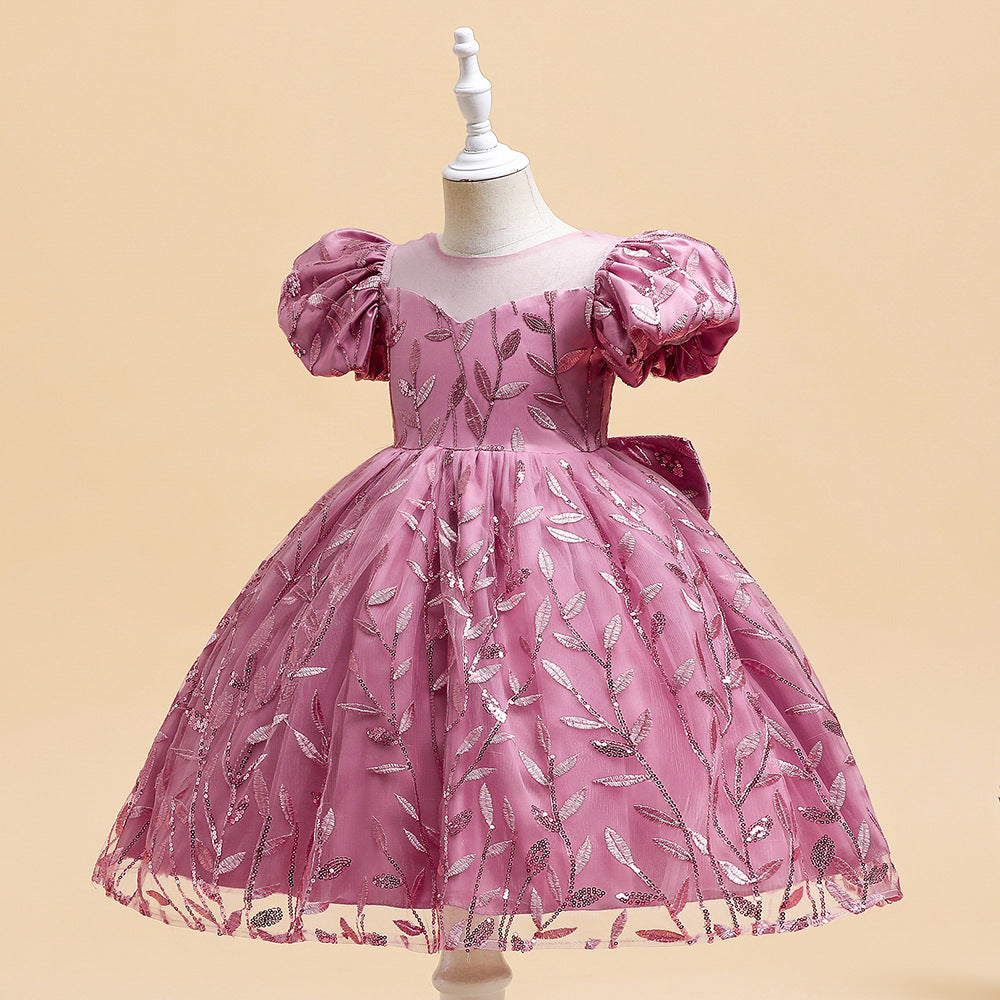 Princess Puffy Sleeve Bow Ball Gown Dress – Tea Length Flower Girl Party Gown