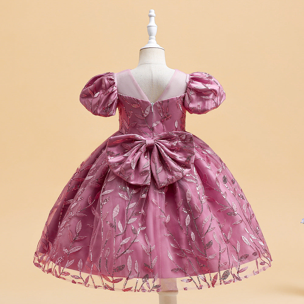 Princess Puffy Sleeve Bow Ball Gown Dress – Tea Length Flower Girl Party Gown