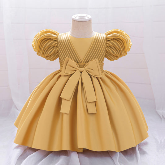 Princess Ball Gown Puffy Dress for Toddlers – Satin Ruffle Bowknot Party Frock