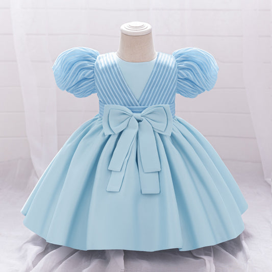 Princess Ball Gown Puffy Dress for Toddlers – Satin Ruffle Bowknot Party Frock