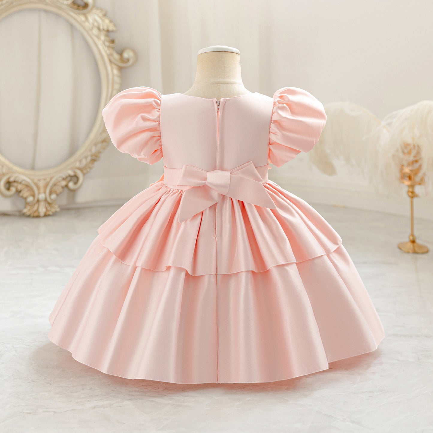 Princess Puff Sleeve Satin Ball Gown Dress for Toddlers with Lace, Square Neck, Tea Length