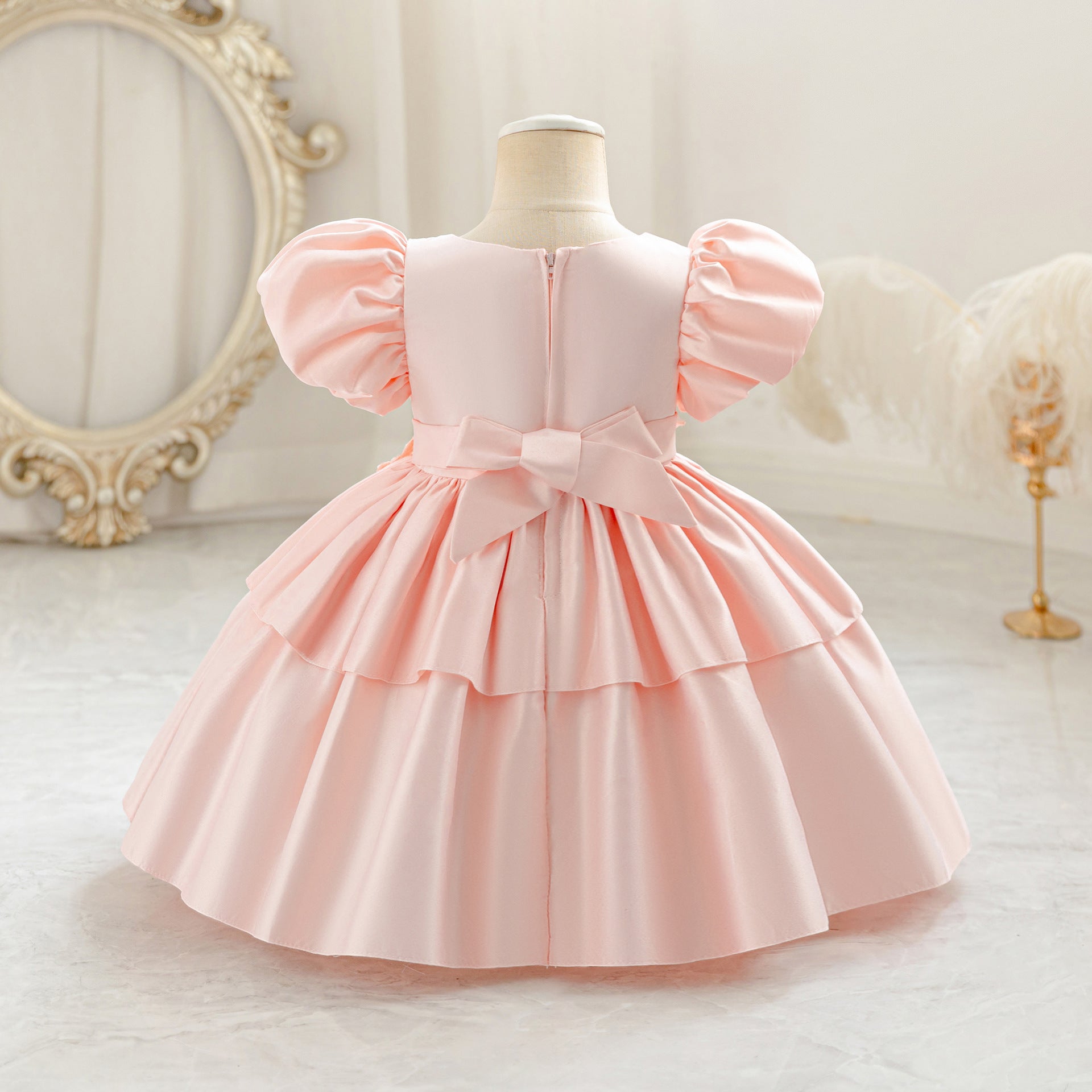 Princess Puff Sleeve Satin Ball Gown Dress for Toddlers with Lace, Square Neck, Tea Length