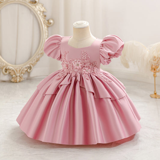 Princess Puff Sleeve Satin Ball Gown Dress for Toddlers with Lace, Square Neck, Tea Length