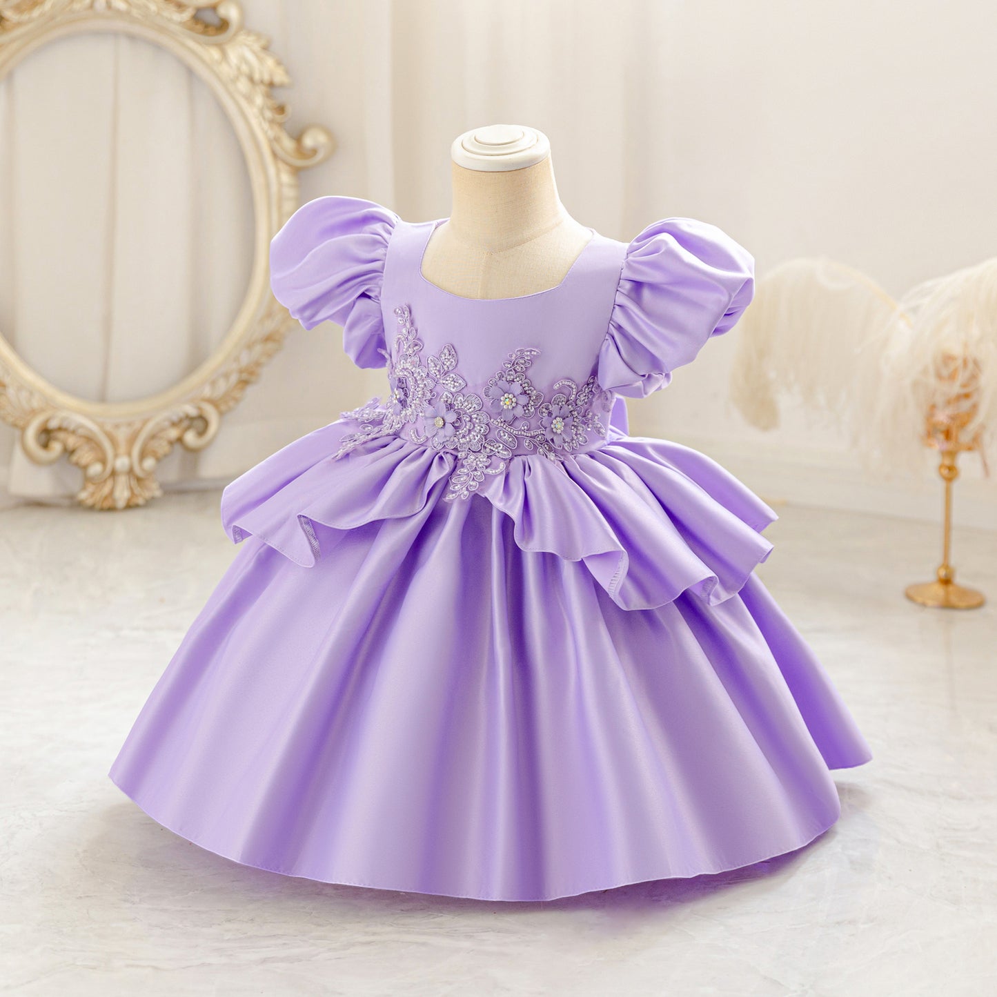 Princess Puff Sleeve Satin Ball Gown Dress for Toddlers with Lace, Square Neck, Tea Length