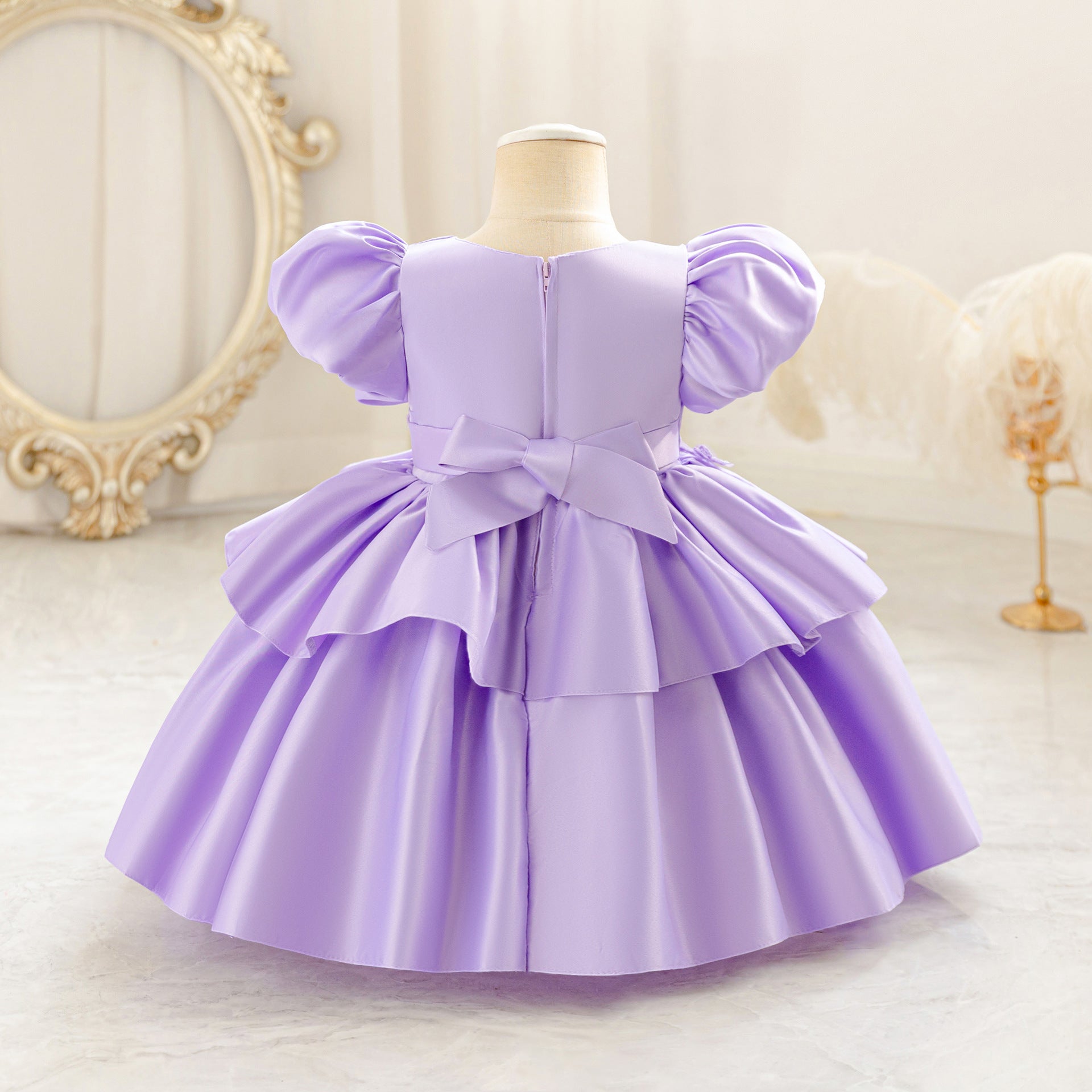 Princess Puff Sleeve Satin Ball Gown Dress for Toddlers with Lace, Square Neck, Tea Length