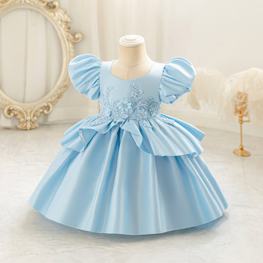 Princess Puff Sleeve Satin Ball Gown Dress for Toddlers with Lace, Square Neck, Tea Length
