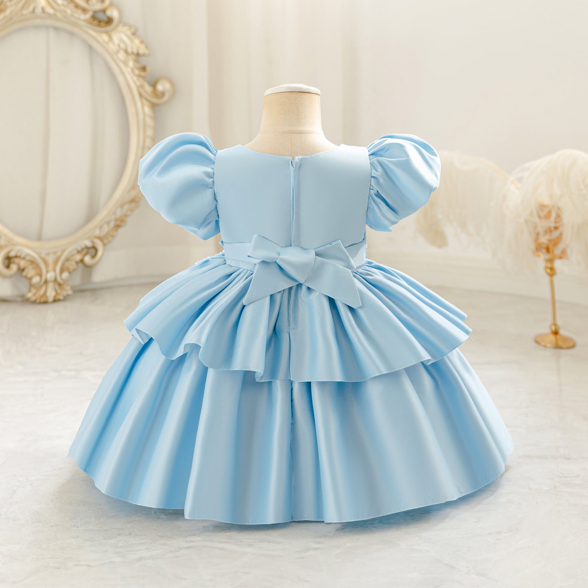 Princess Puff Sleeve Satin Ball Gown Dress for Toddlers with Lace, Square Neck, Tea Length