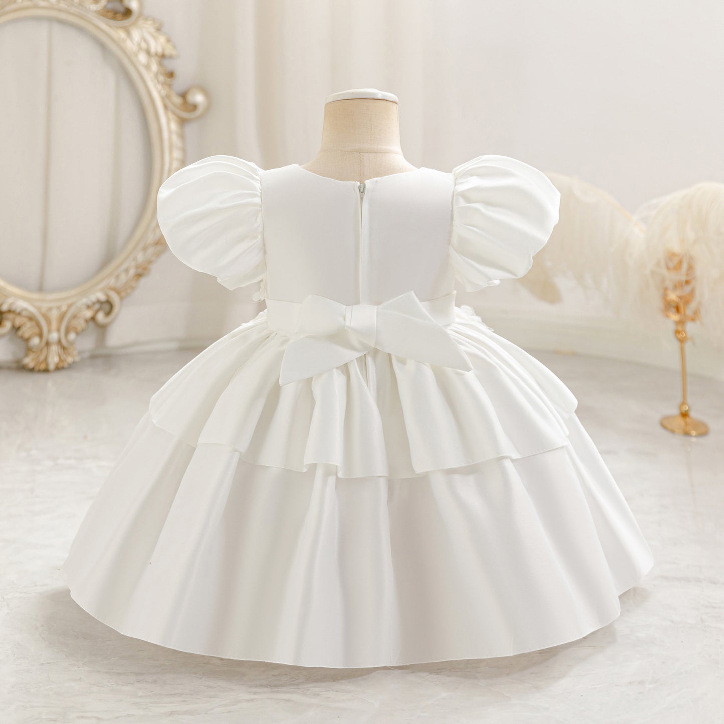 Princess Puff Sleeve Satin Ball Gown Dress for Toddlers with Lace, Square Neck, Tea Length