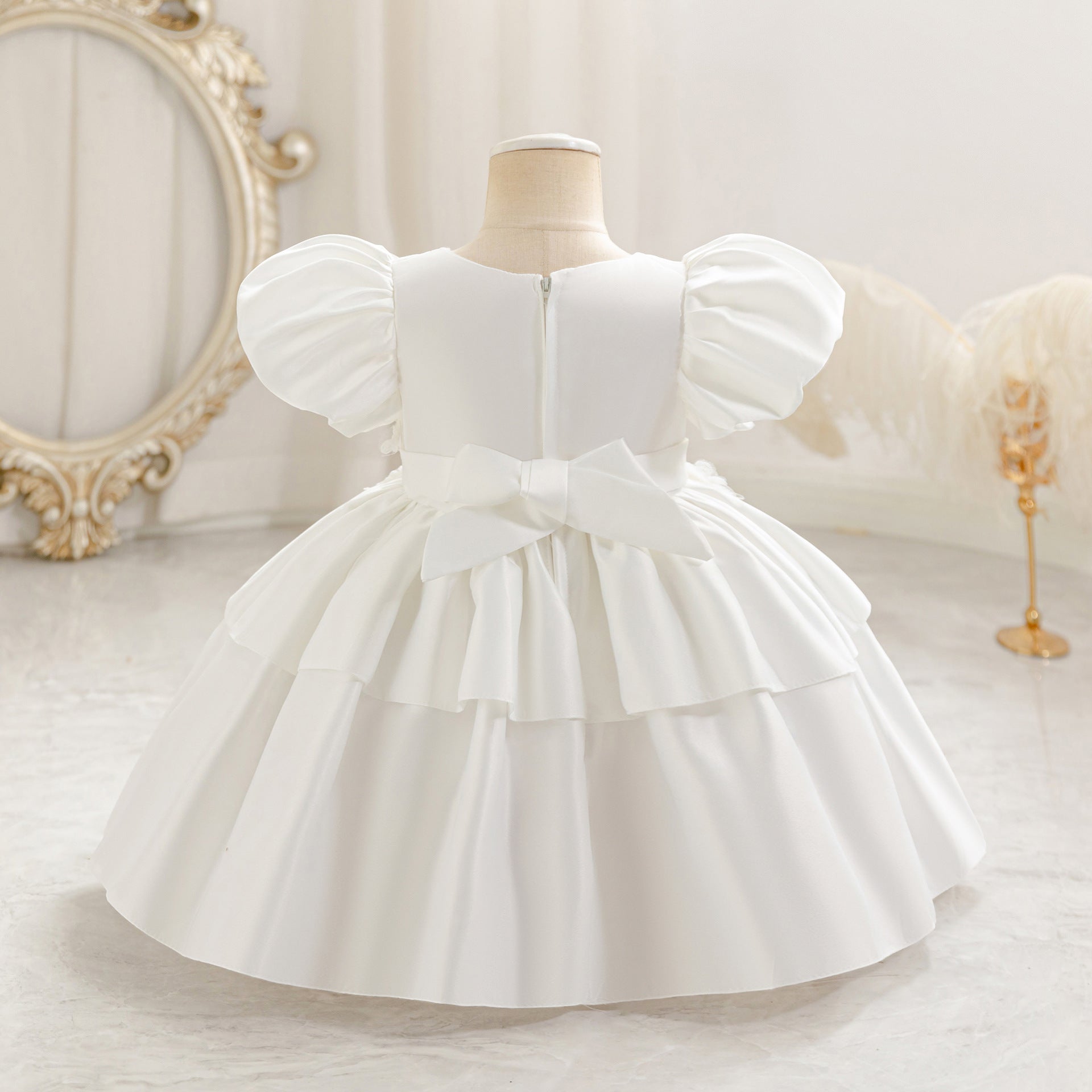 Princess Puff Sleeve Satin Ball Gown Dress for Toddlers with Lace, Square Neck, Tea Length