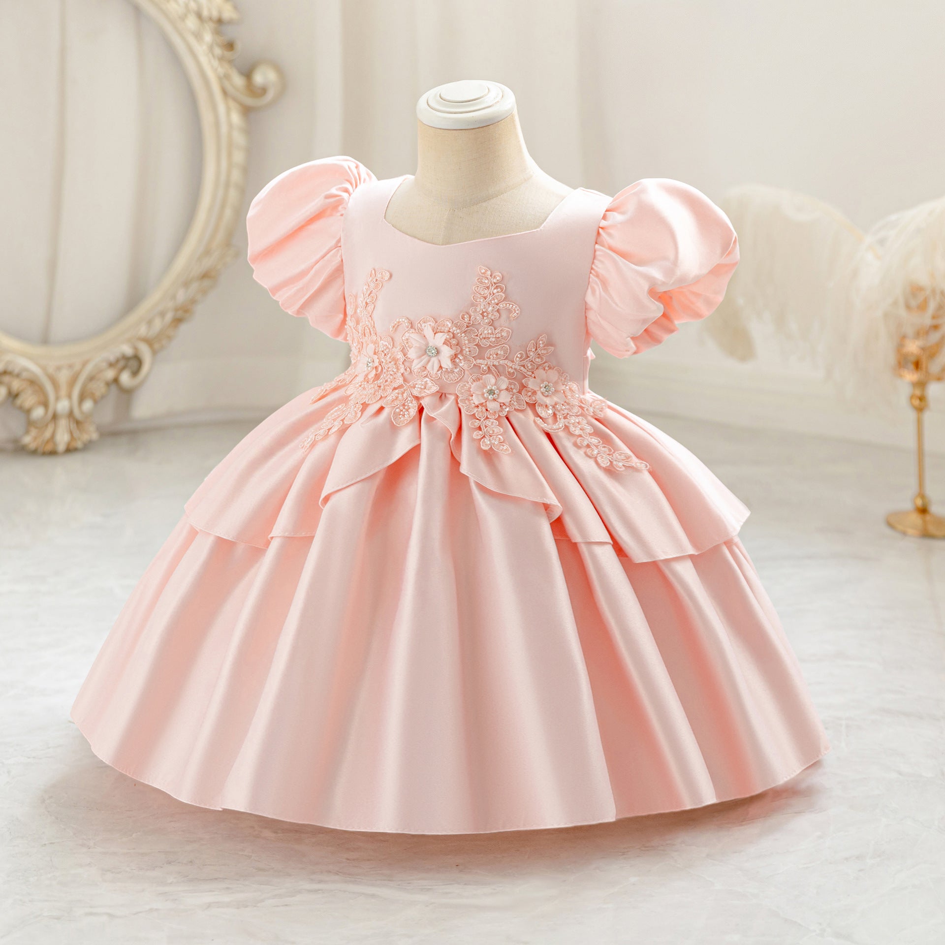 Princess Puff Sleeve Satin Ball Gown Dress for Toddlers with Lace, Square Neck, Tea Length