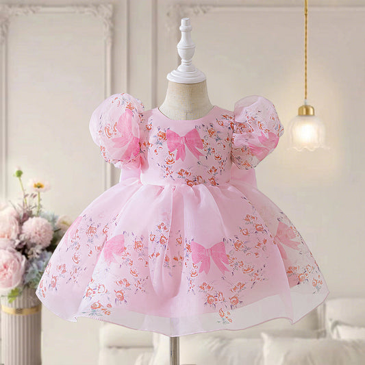 Girls Princess Puffy Mesh Floral Dress - Light Pink Ball Gown for Parties & Weddings